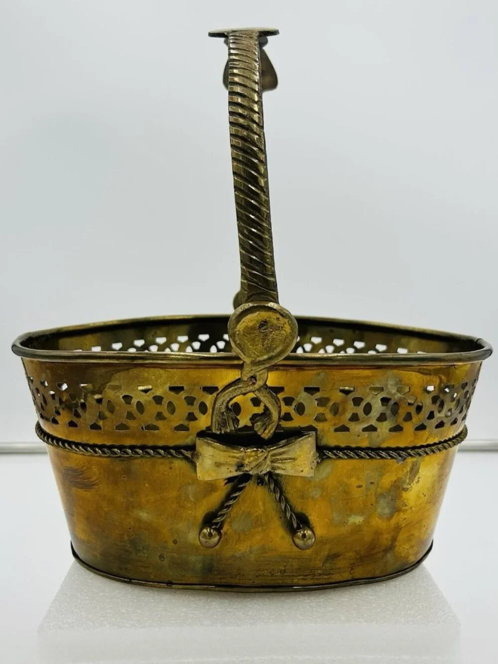 Vintage Solid Brass Basket Pierced Planter Twisted Rope Bow Tassels with Handle